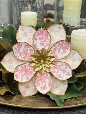 Hand Crafted Metal Flower Wall Decor 13” Rosy Check and Pink Toile